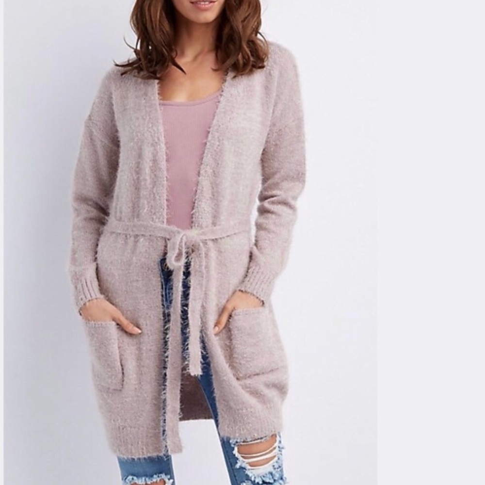 lilac fuzzy belted cardigan